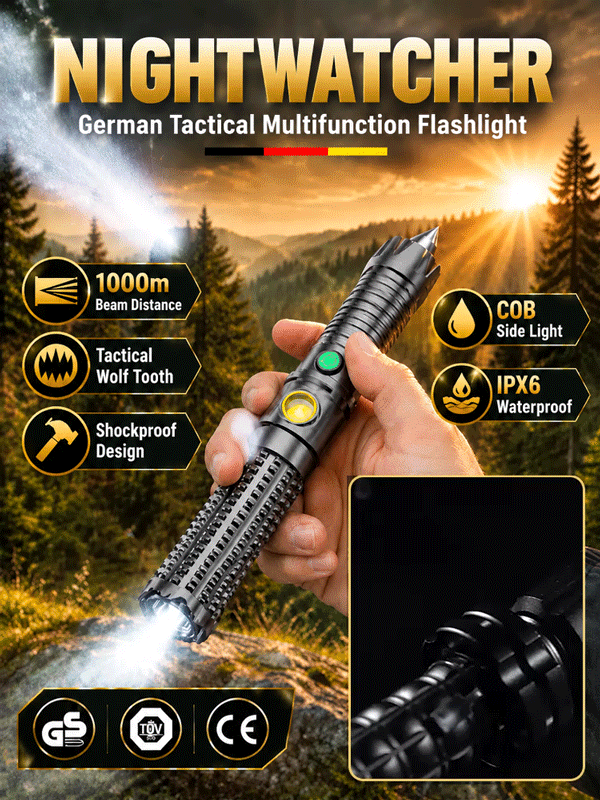 German Tactical Flashlight | 1000m Ultra Long-Range, COB Side Light, Window Breaker & IPX6 Waterproof Emergency Gear