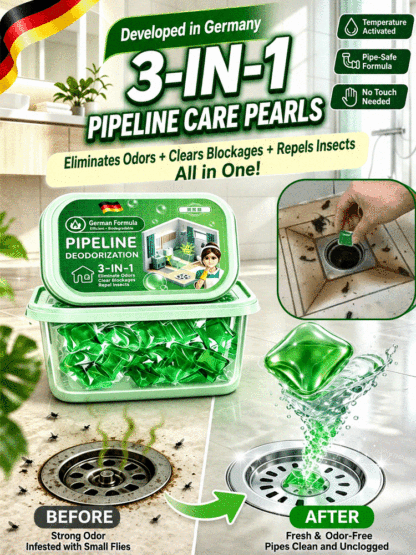 3-in-1 Pipeline Care Water-Soluble Deodorizer Beads – Unclogs, Deodorizes & Repels Drain Flies