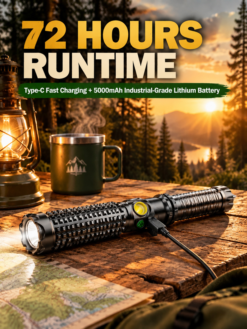 German Tactical Flashlight | 1000m Ultra Long-Range, COB Side Light, Window Breaker & IPX6 Waterproof Emergency Gear