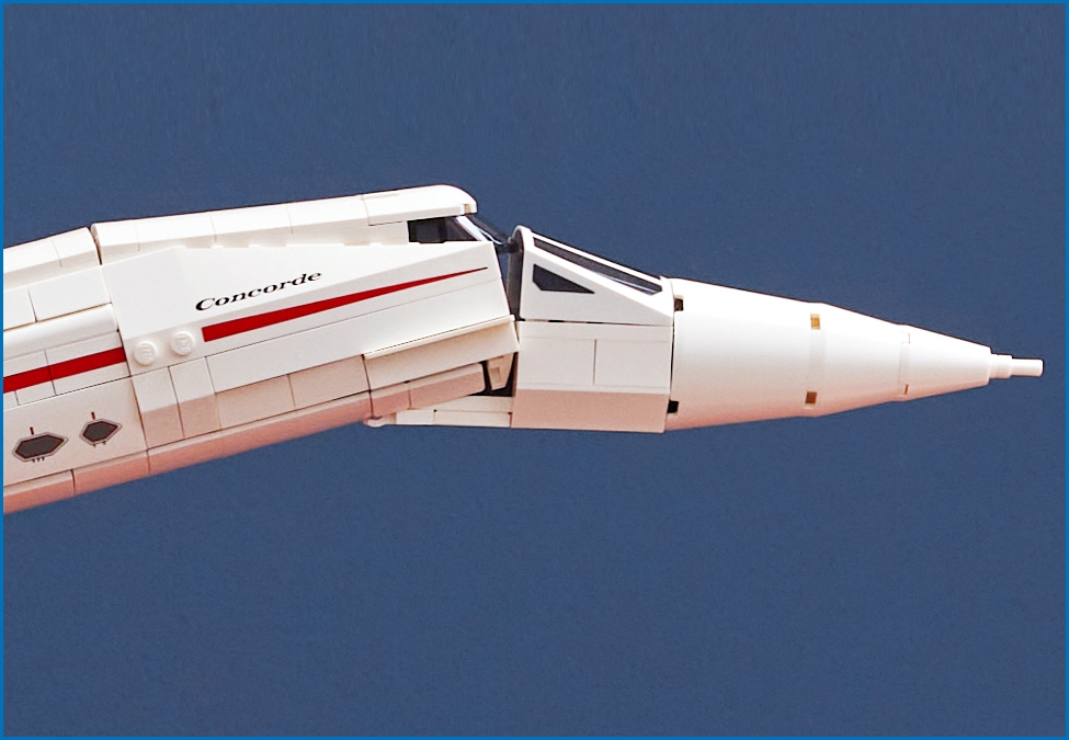 Close-up of LEGO Concorde model nose in the down position