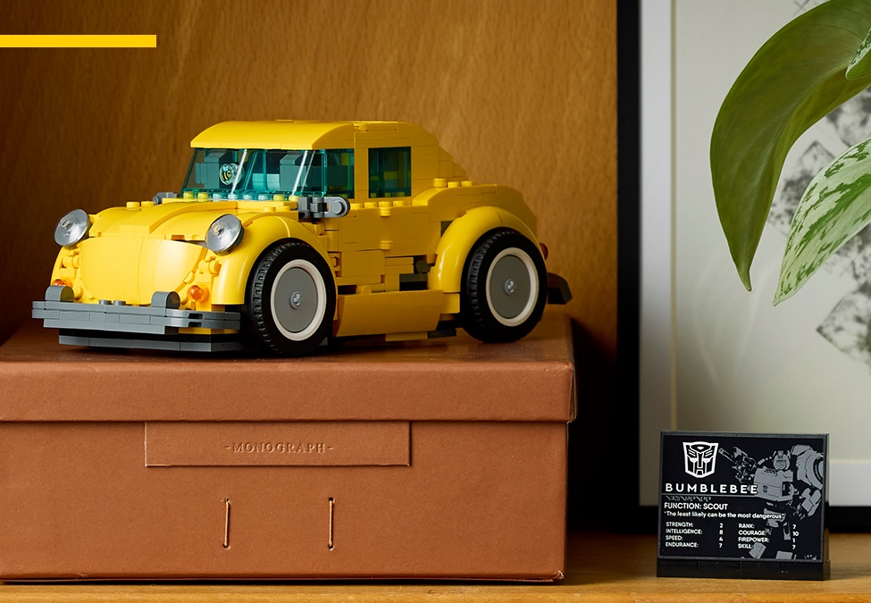 LEGO Bumblebee model in auto mode on display with info plaque
