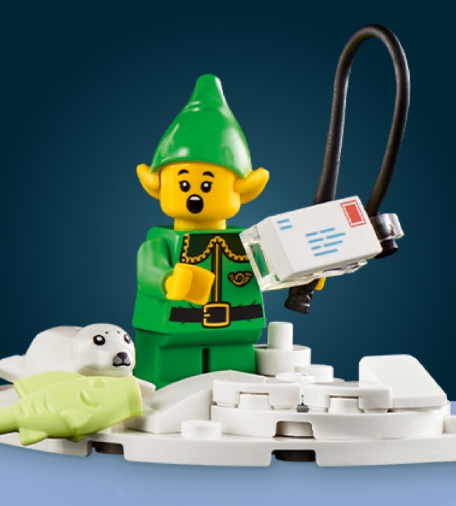 LEGO elf minifigure holding fishing pole and letter