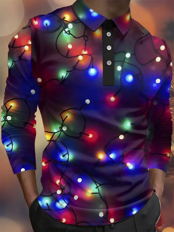 Men's Christmas  Print Casual Long Sleeve Polo T-Shirt