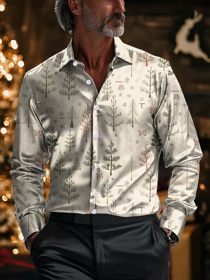 Men's Christmas Satin Luxe Long Sleeve Button Down Shirt
