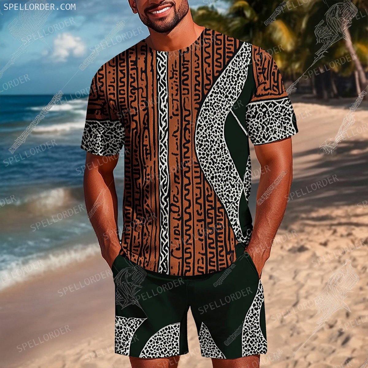 Men's Luxury Premium Round Neck Jacquard Texture Print Shorts Set 