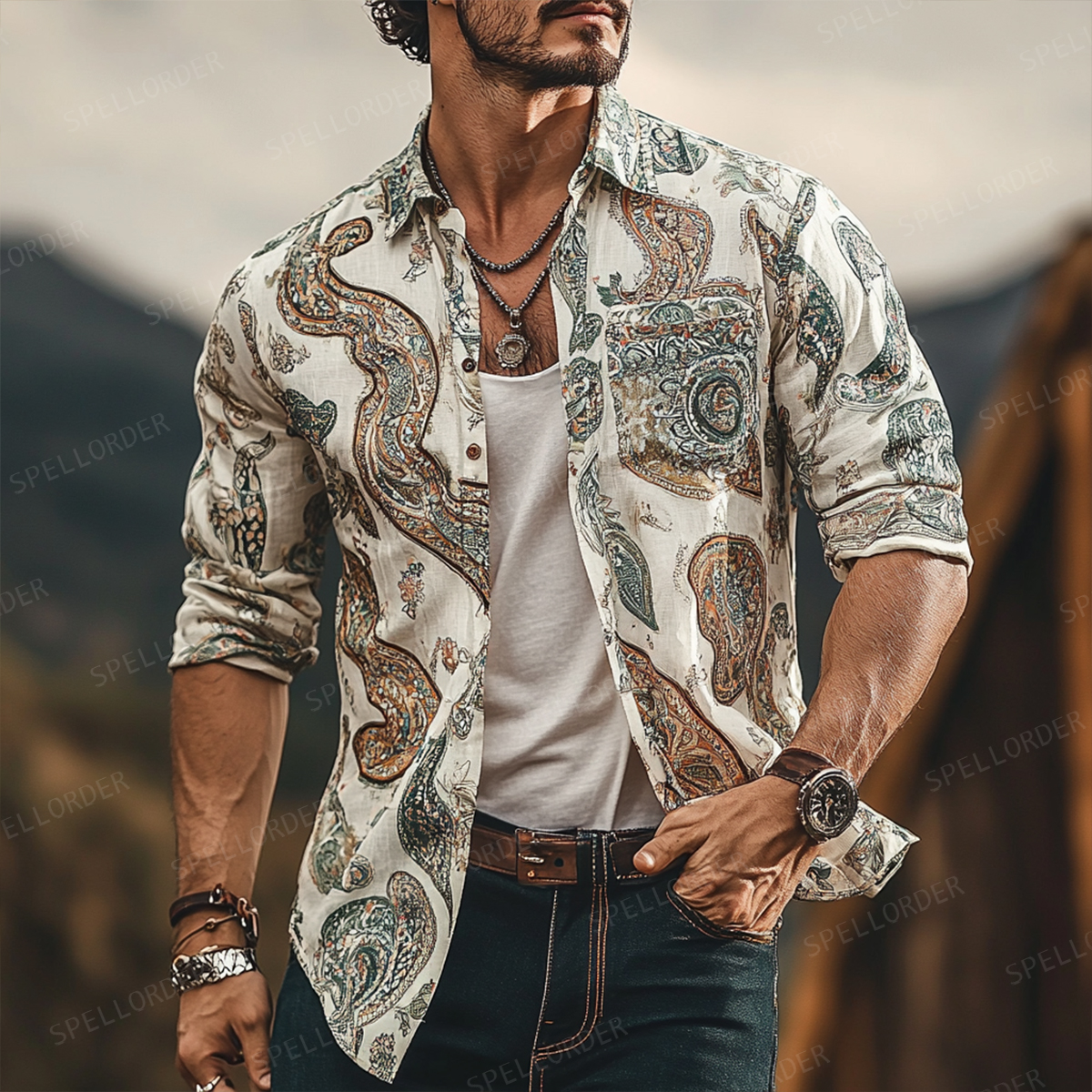 Men's Spring Button Up Shirt Linen Cotton Long Sleeve Shirt