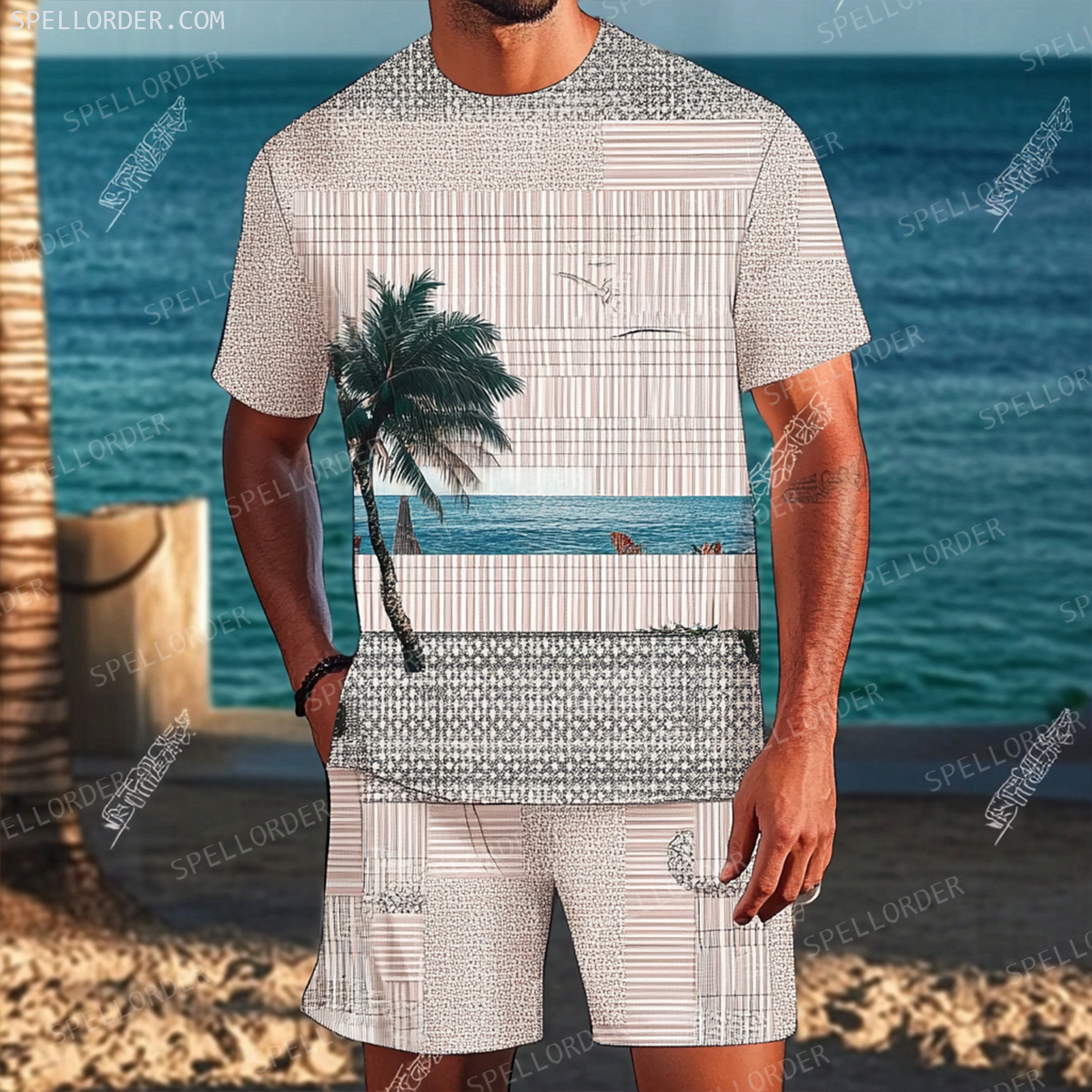 Men's Luxury Premium Round Neck Jacquard Texture Print Shorts Set 