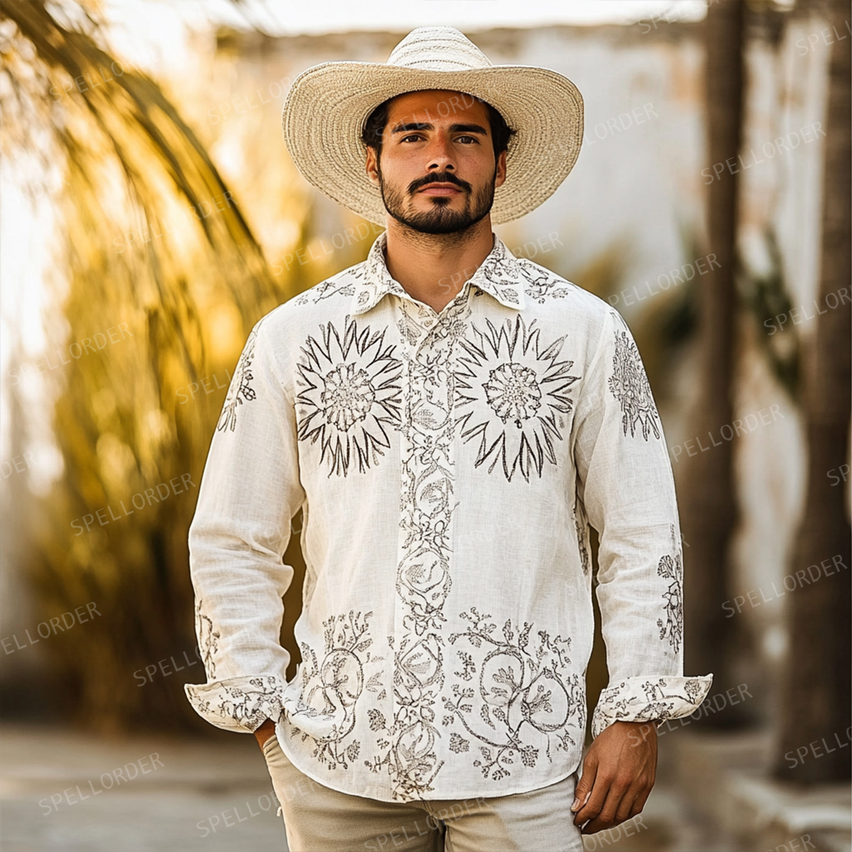 Men's Spring Button Up Shirt Linen Cotton Long Sleeve Shirt