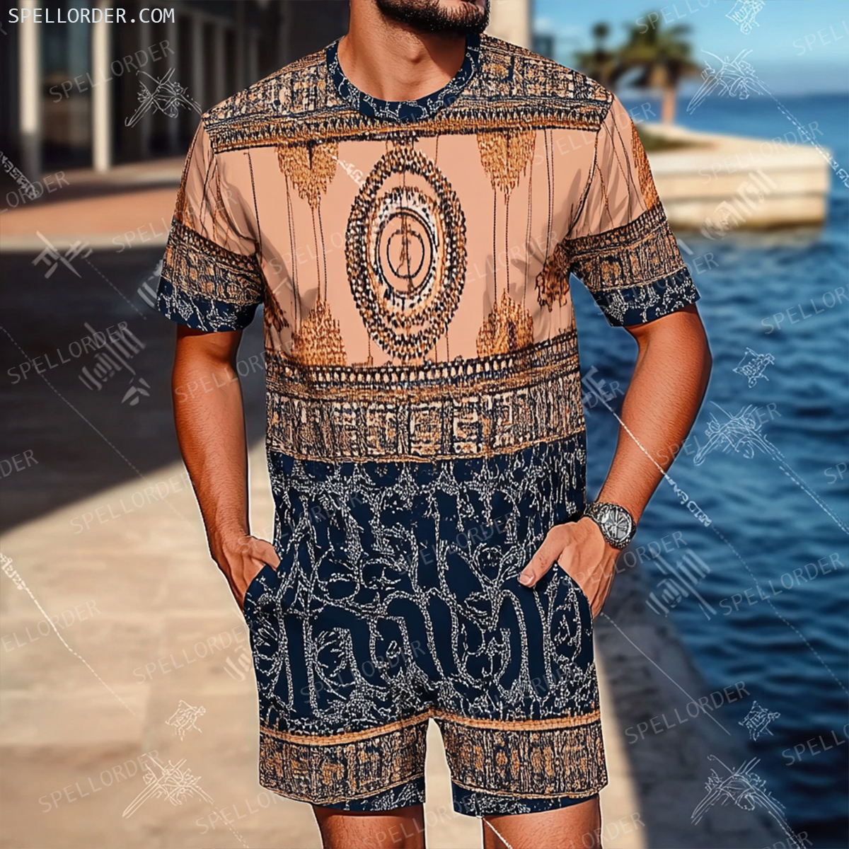 Men's Luxury Premium Round Neck Jacquard Texture Print Shorts Set 