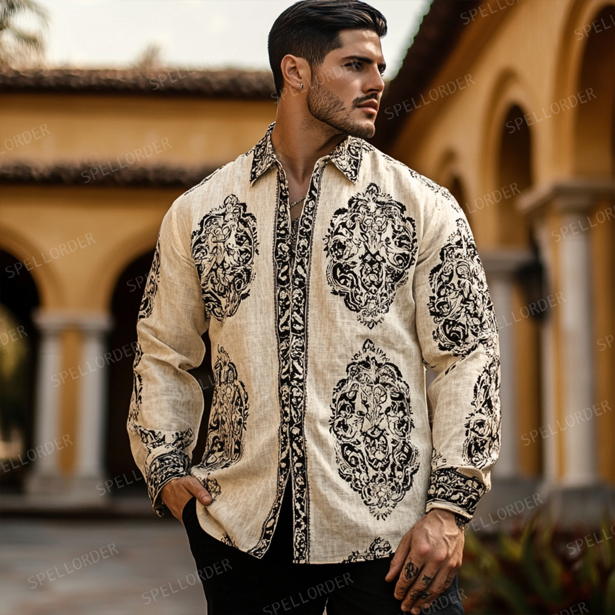 Men's Spring Button Up Shirt Linen Cotton Long Sleeve Shirt