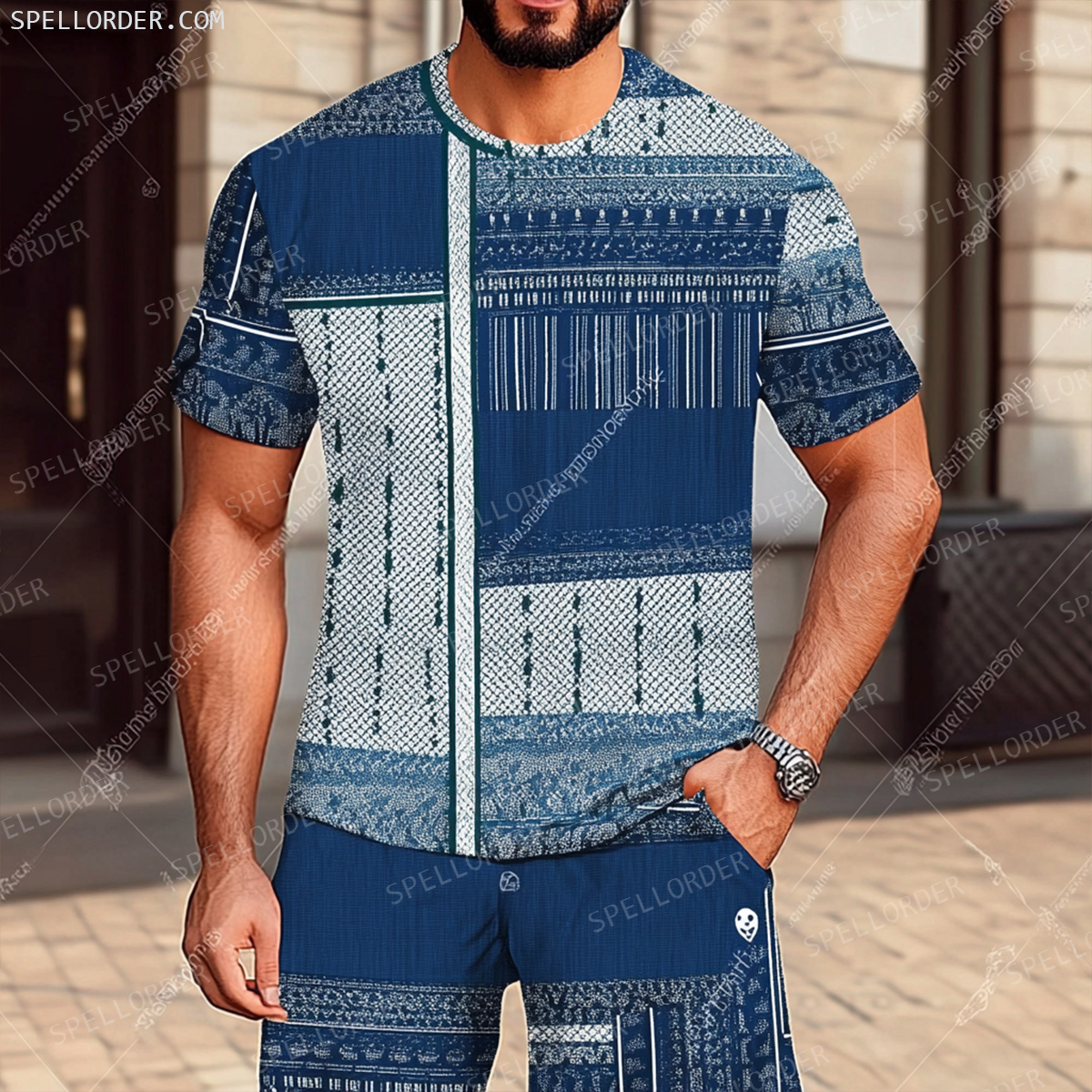 Men's Luxury Premium Round Neck Jacquard Texture Print Shorts Set 
