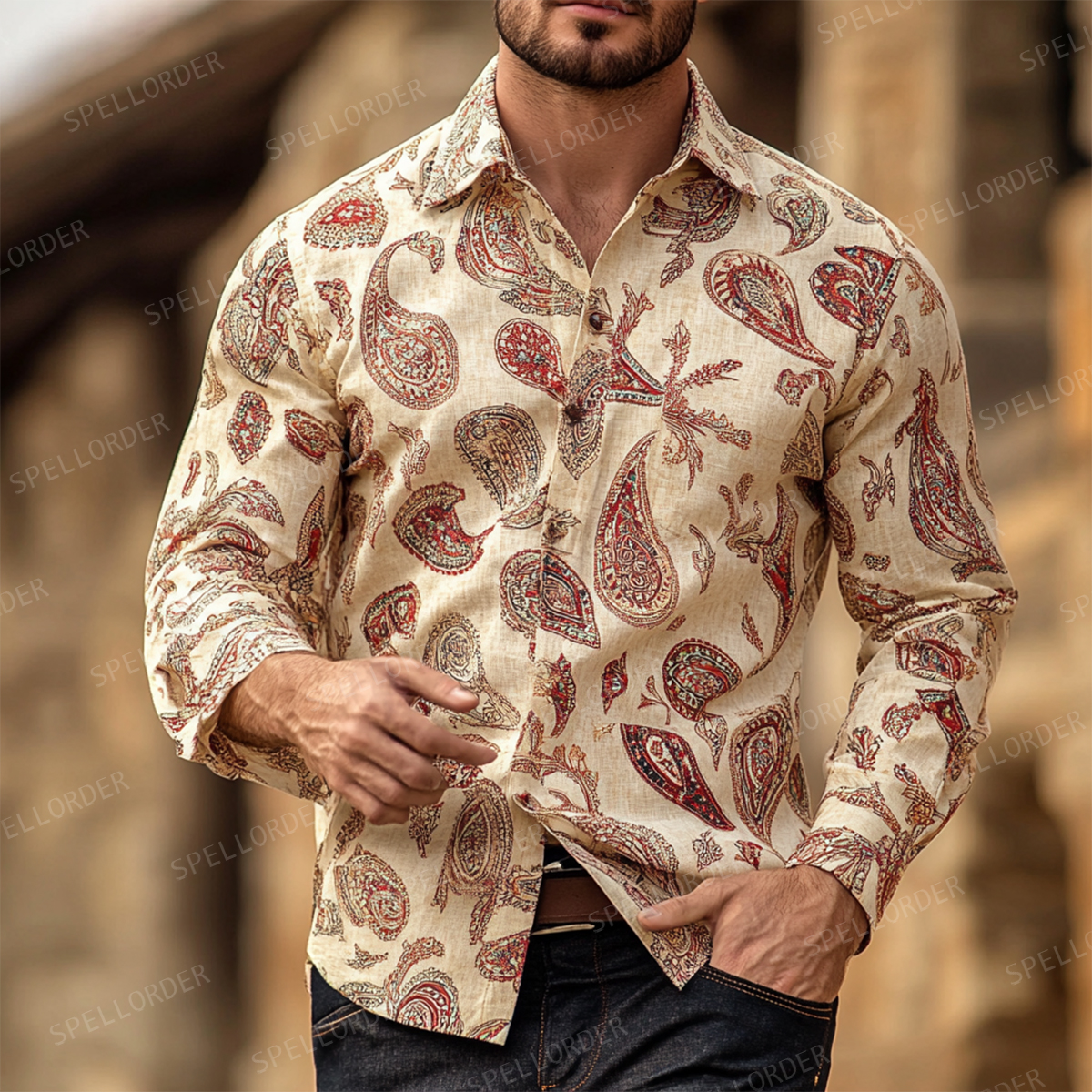 Men's Spring Button Up Shirt Linen Cotton Long Sleeve Shirt