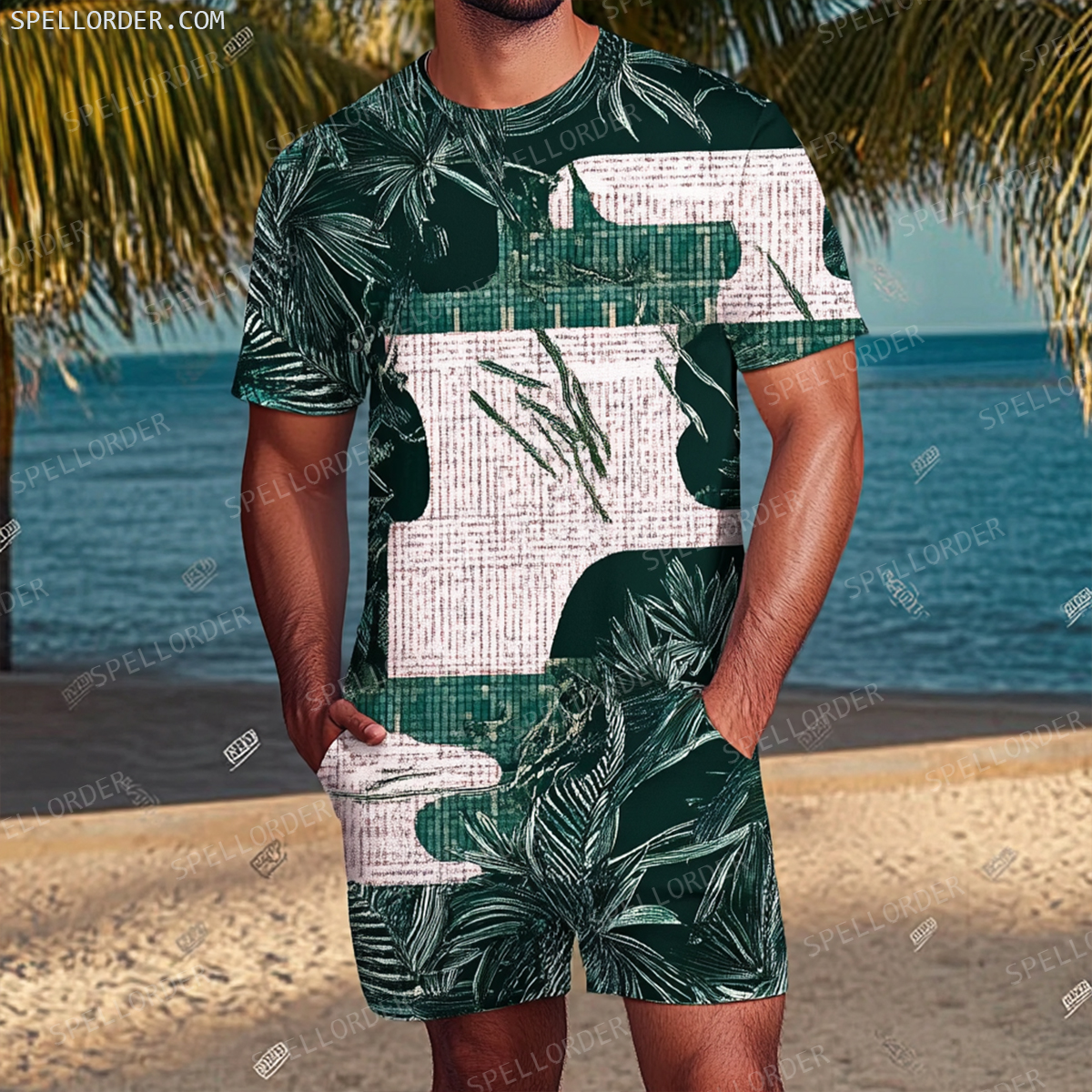 Men's Luxury Premium Round Neck Jacquard Texture Print Shorts Set 
