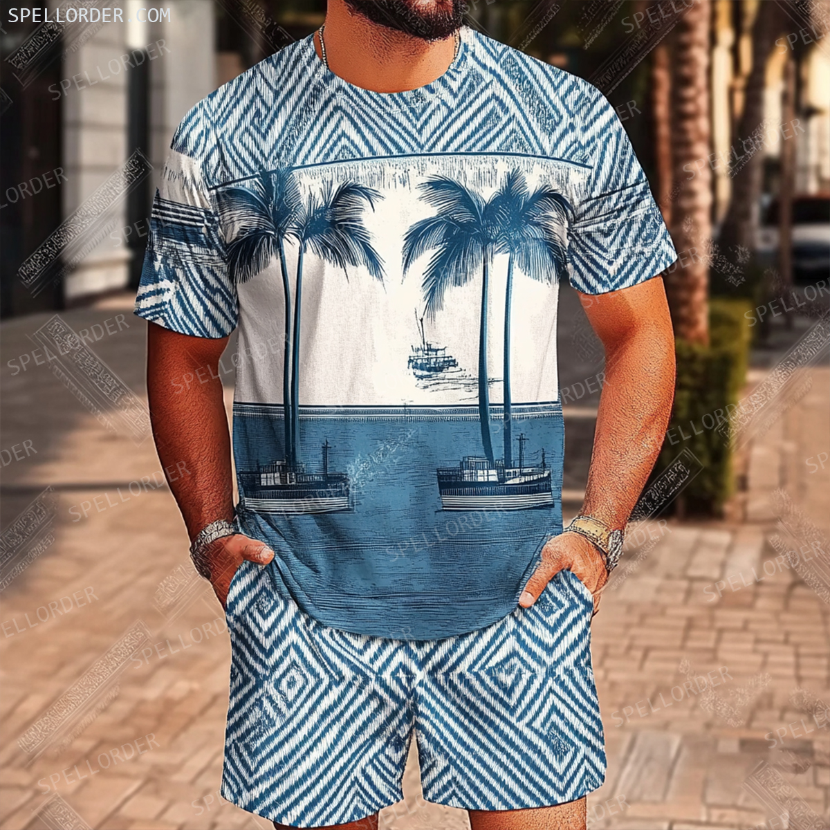 Men's Luxury Premium Round Neck Jacquard Texture Print Shorts Set 