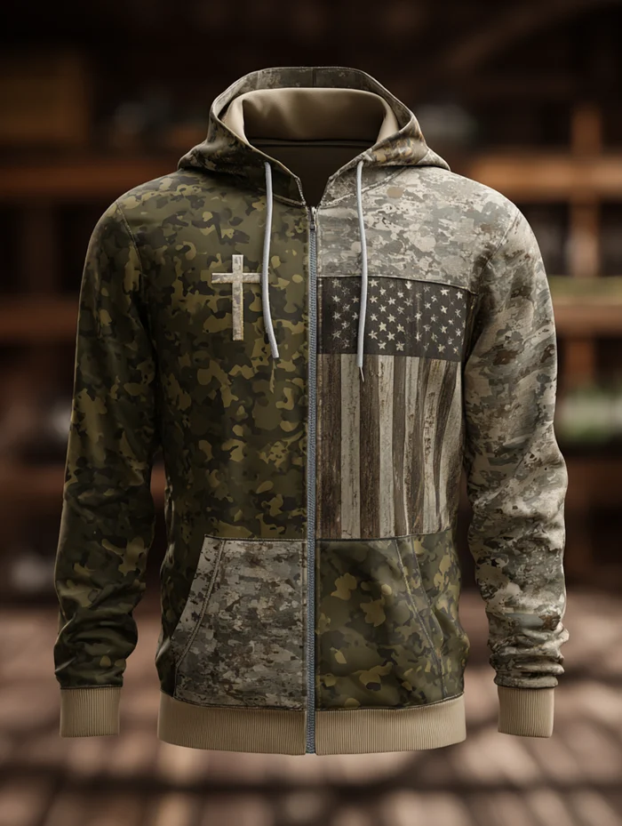 Men's Vintage Casual Faith American Flag Zip Hoodie