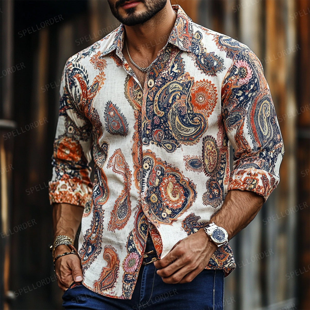 Men's Spring Button Up Shirt Linen Cotton Long Sleeve Shirt