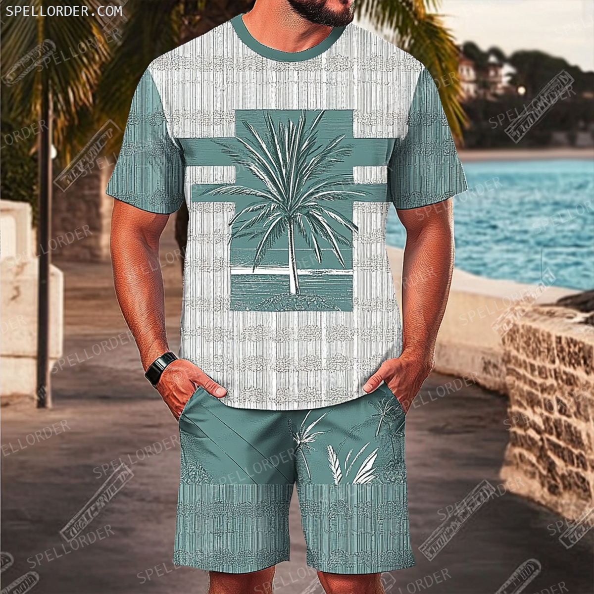 Men's Luxury Premium Round Neck Jacquard Texture Print Shorts Set 