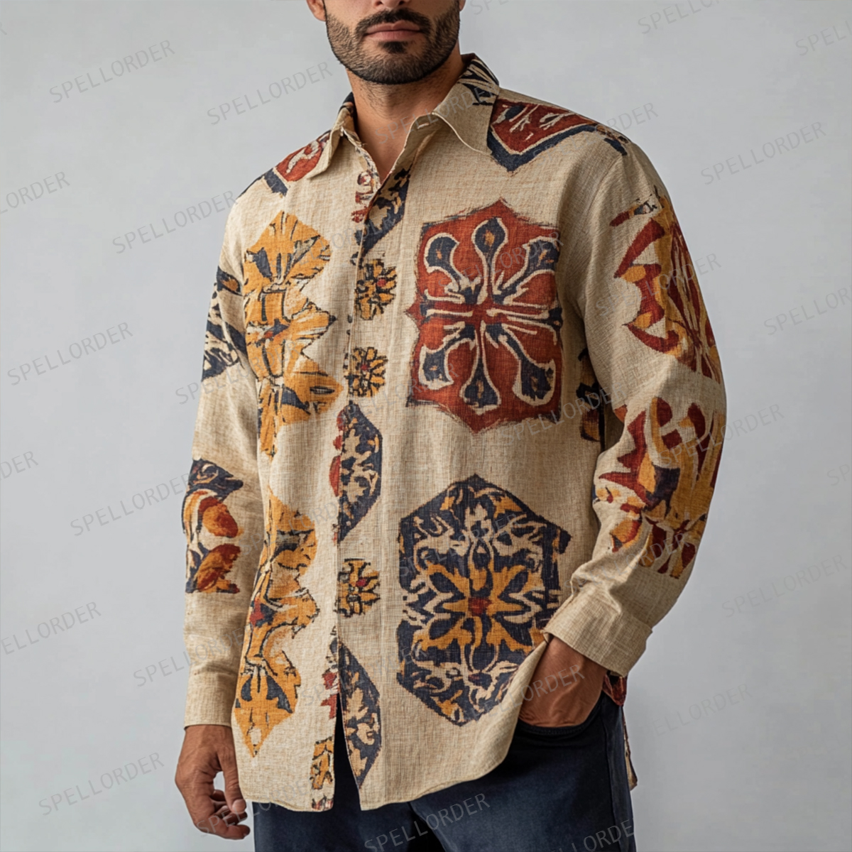 Men's Spring Button Up Shirt Linen Cotton Long Sleeve Shirt