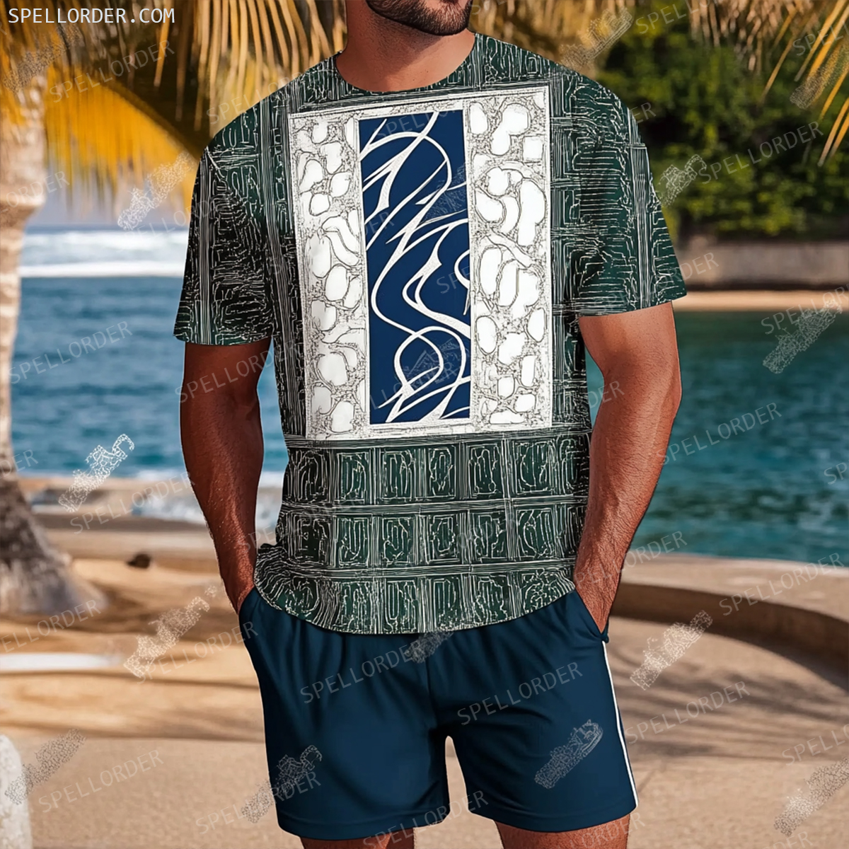 Men's Luxury Premium Round Neck Jacquard Texture Print Shorts Set 