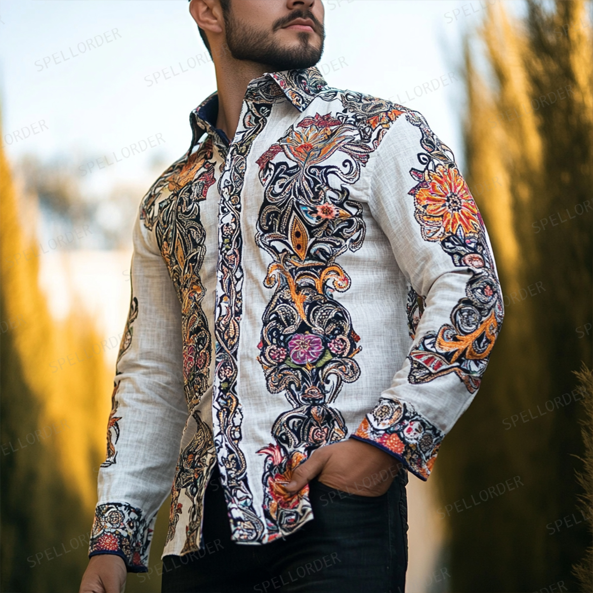 Men's Spring Button Up Shirt Linen Cotton Long Sleeve Shirt