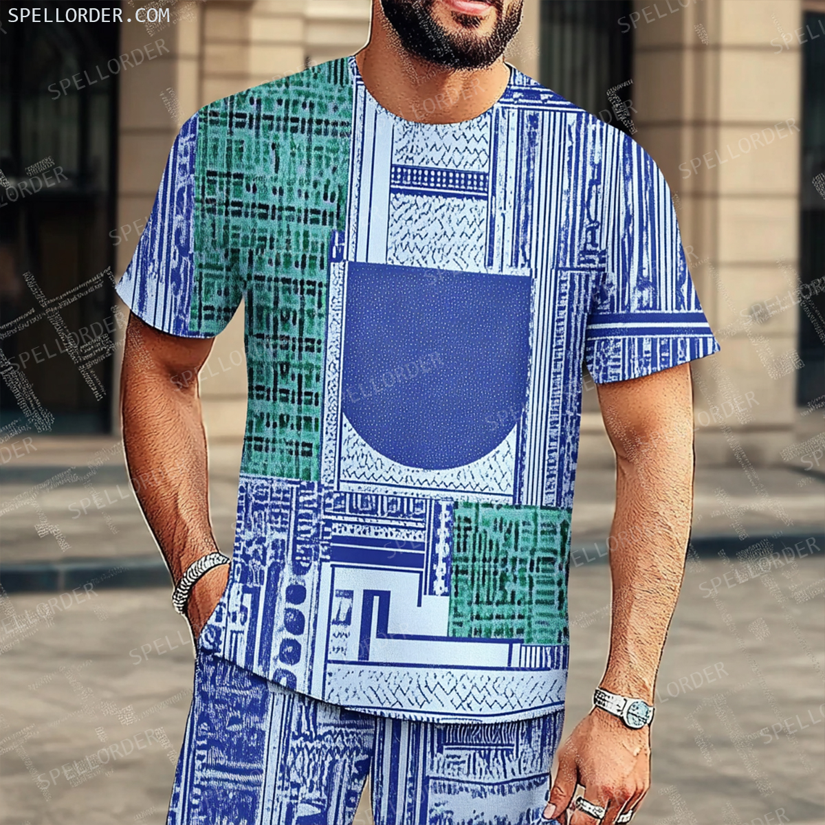 Men's Luxury Premium Round Neck Jacquard Texture Print Shorts Set 