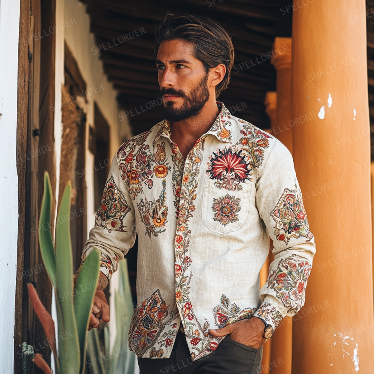 Men's Spring Button Up Shirt Linen Cotton Long Sleeve Shirt