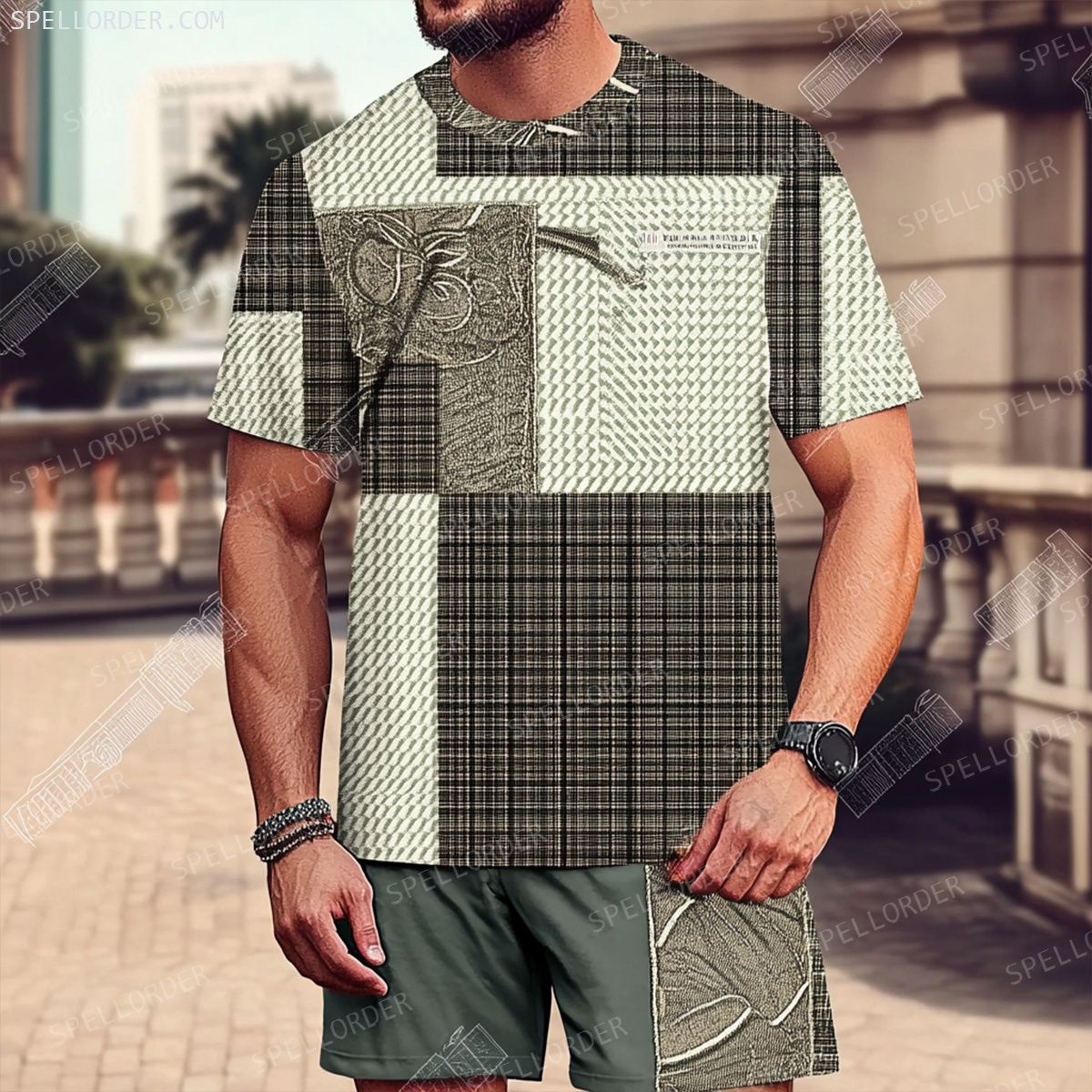 Men's Luxury Premium Round Neck Jacquard Texture Print Shorts Set 