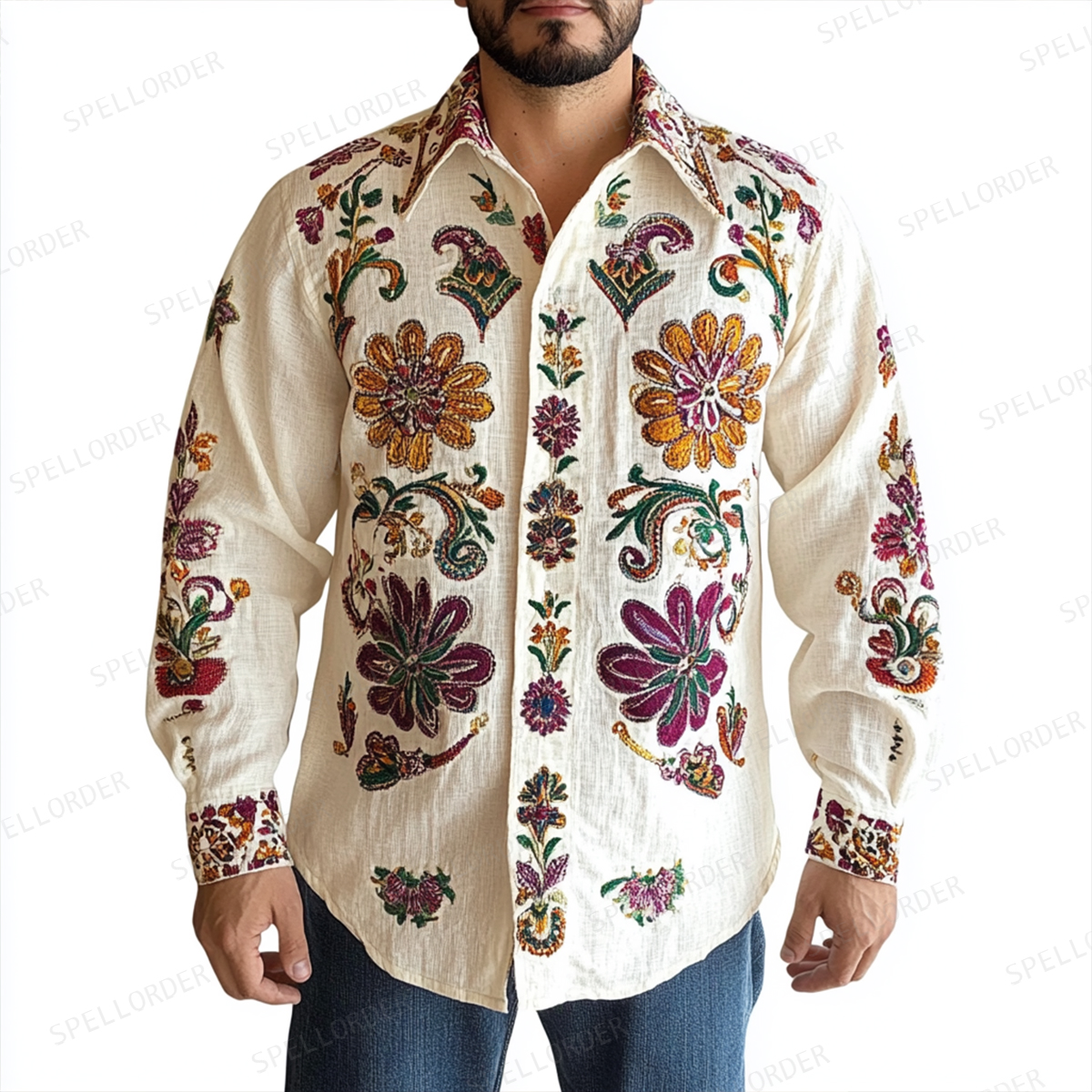 Men's Spring Button Up Shirt Linen Cotton Long Sleeve Shirt