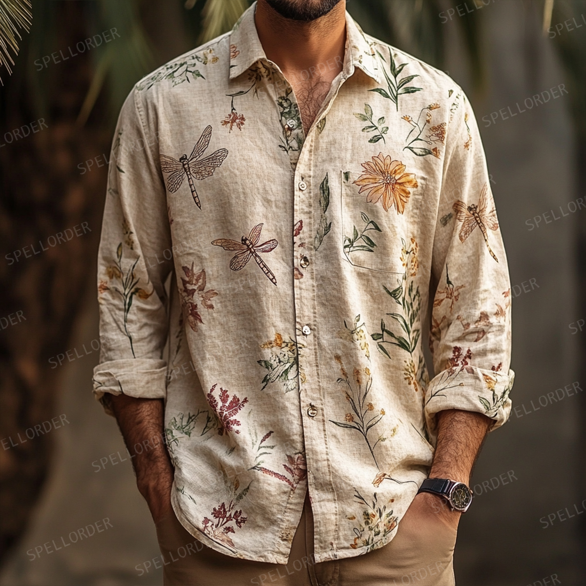 Men's Spring Button Up Shirt Linen Cotton Long Sleeve Shirt