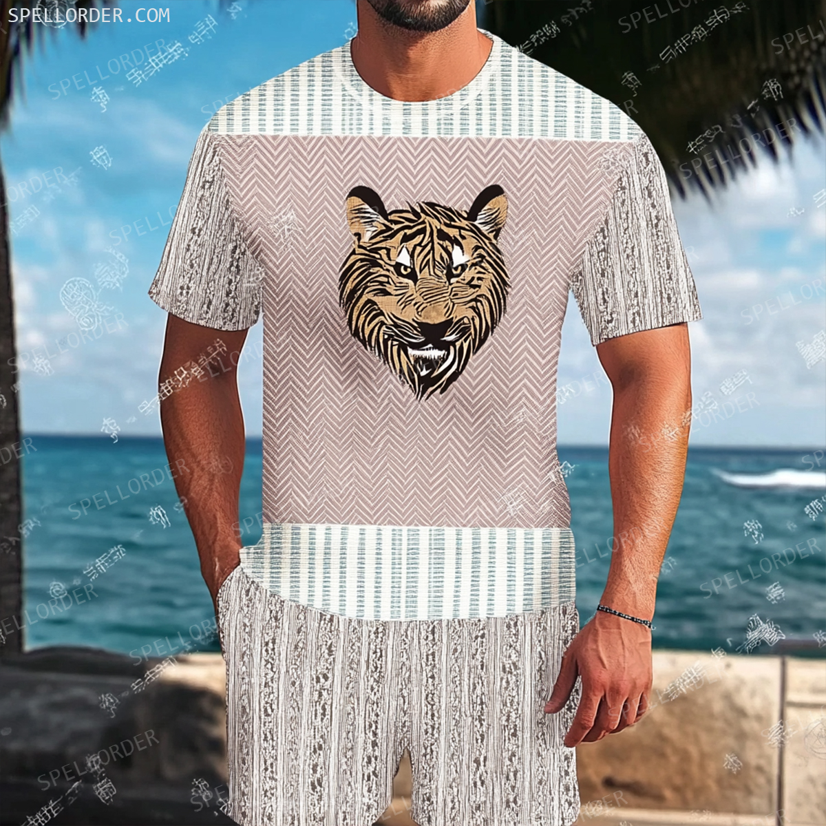 Men's Luxury Premium Round Neck Jacquard Texture Print Shorts Set 