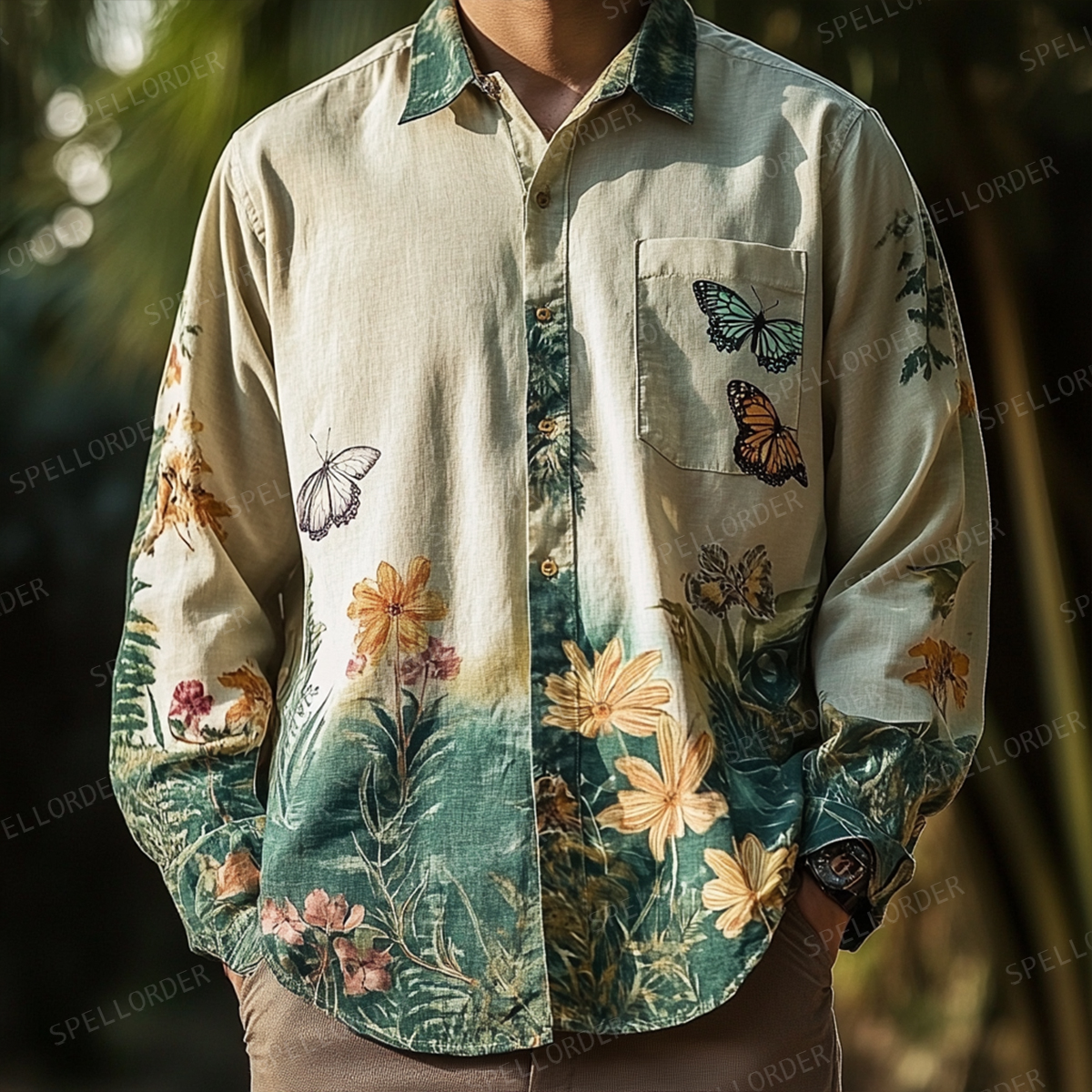 Men's Spring Button Up Shirt Linen Cotton Long Sleeve Shirt