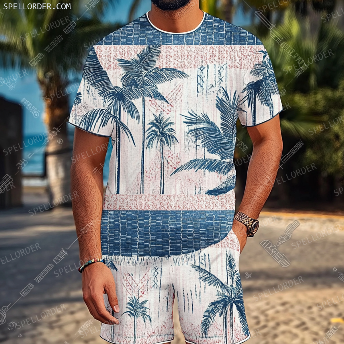 Men's Luxury Premium Round Neck Jacquard Texture Print Shorts Set 