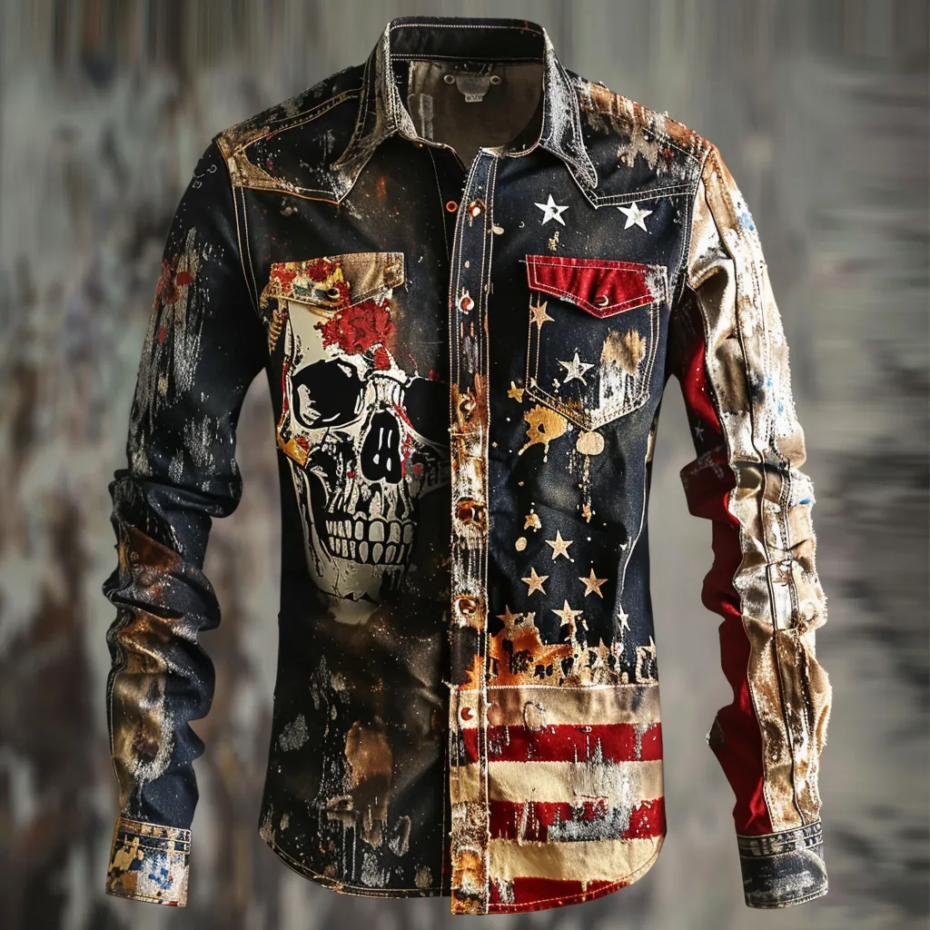 Retro American FLAG shirt western cowboy shirt men's vintage color palette old-school riding outdoor travel shirt