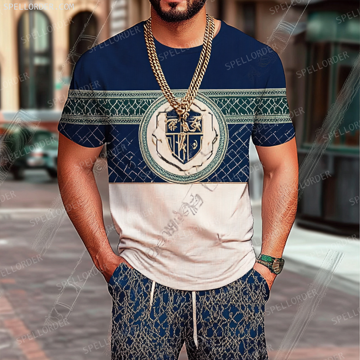 Men's Luxury Premium Round Neck Jacquard Texture Print Shorts Set 