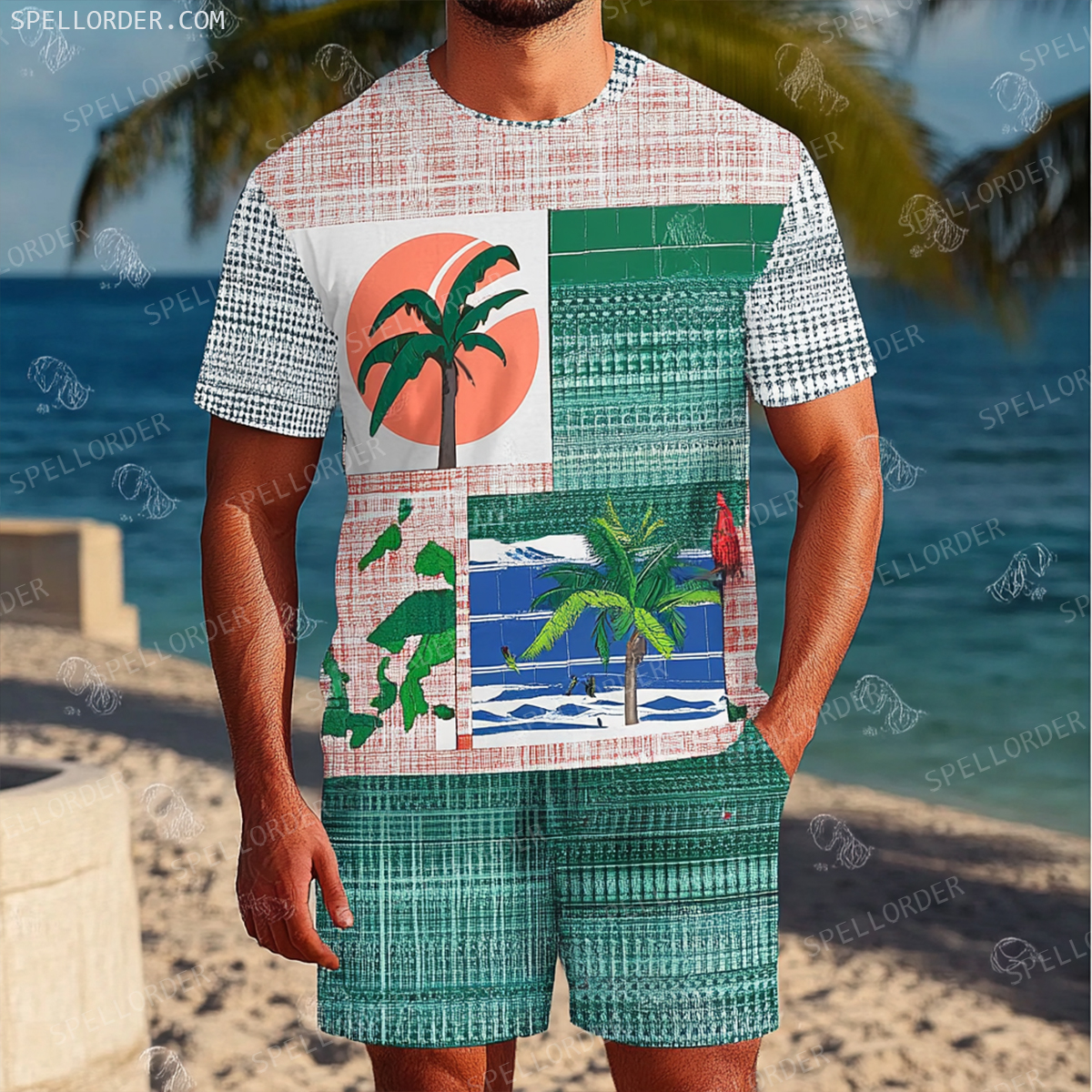 Men's Luxury Premium Round Neck Jacquard Texture Print Shorts Set 