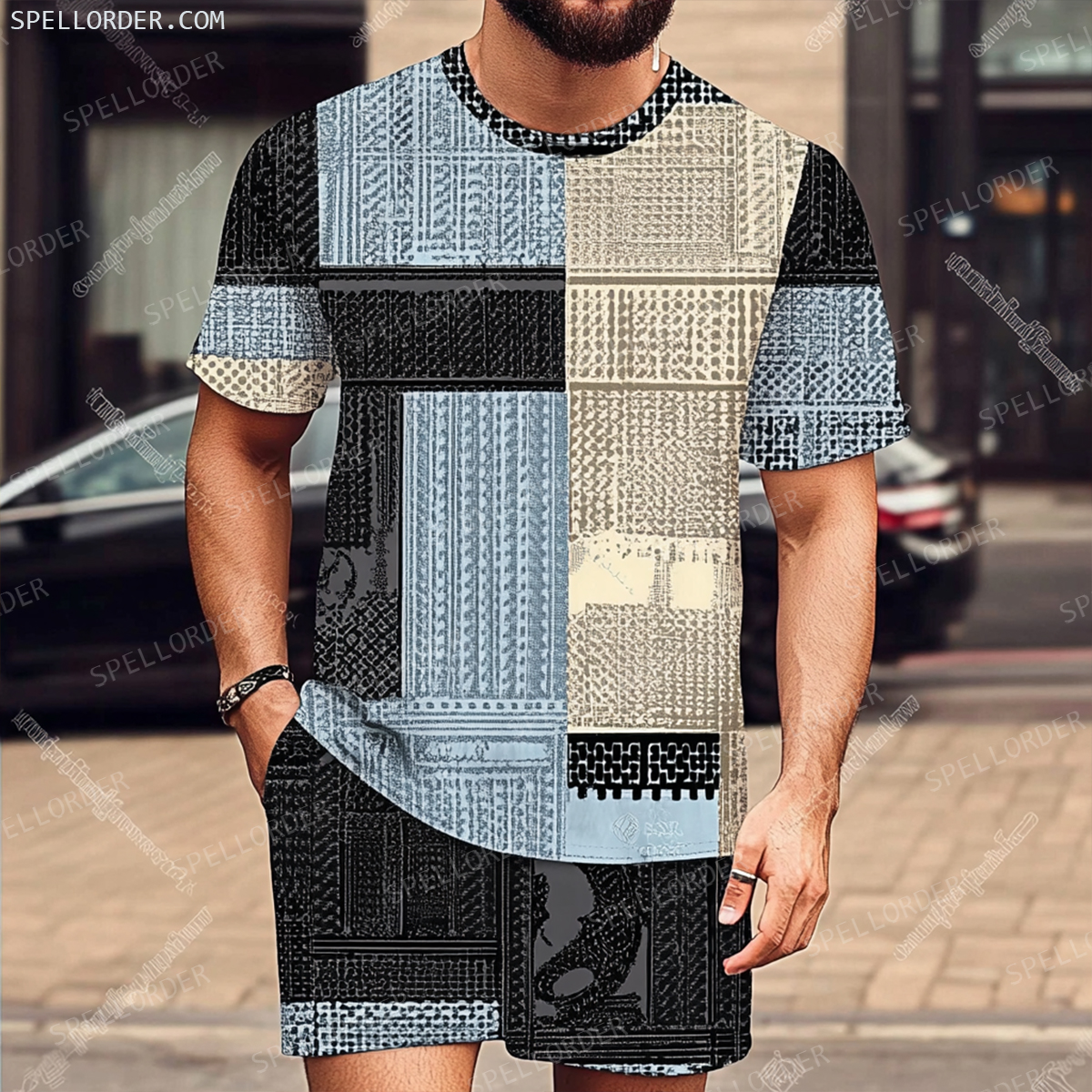 Men's Luxury Premium Round Neck Jacquard Texture Print Shorts Set 