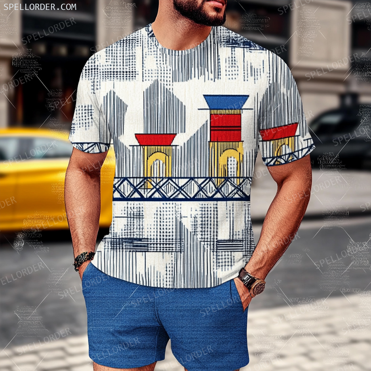 Men's Luxury Premium Round Neck Jacquard Texture Print Shorts Set 
