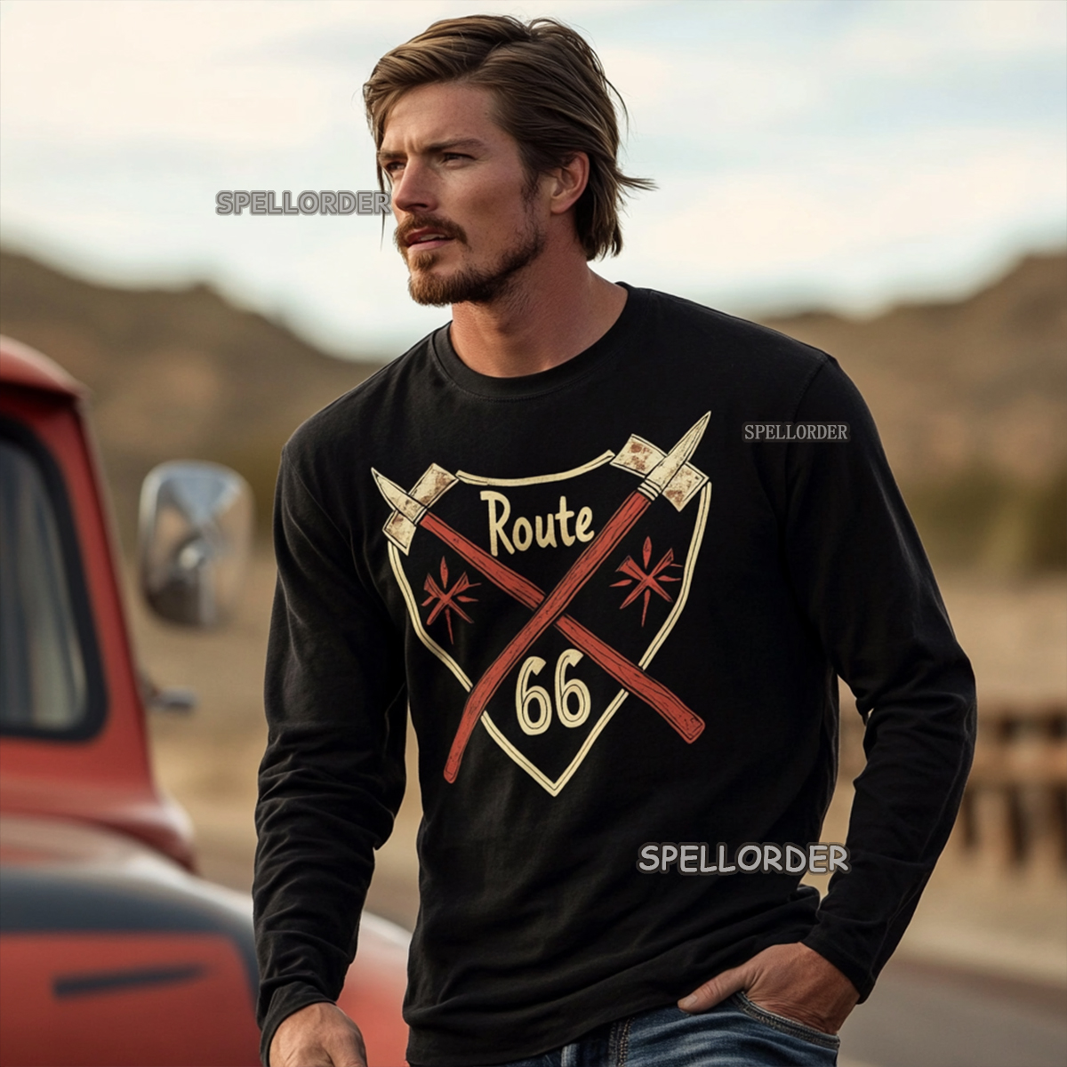 Men's Vintage “Route 66” Cotton Long T-Shirt