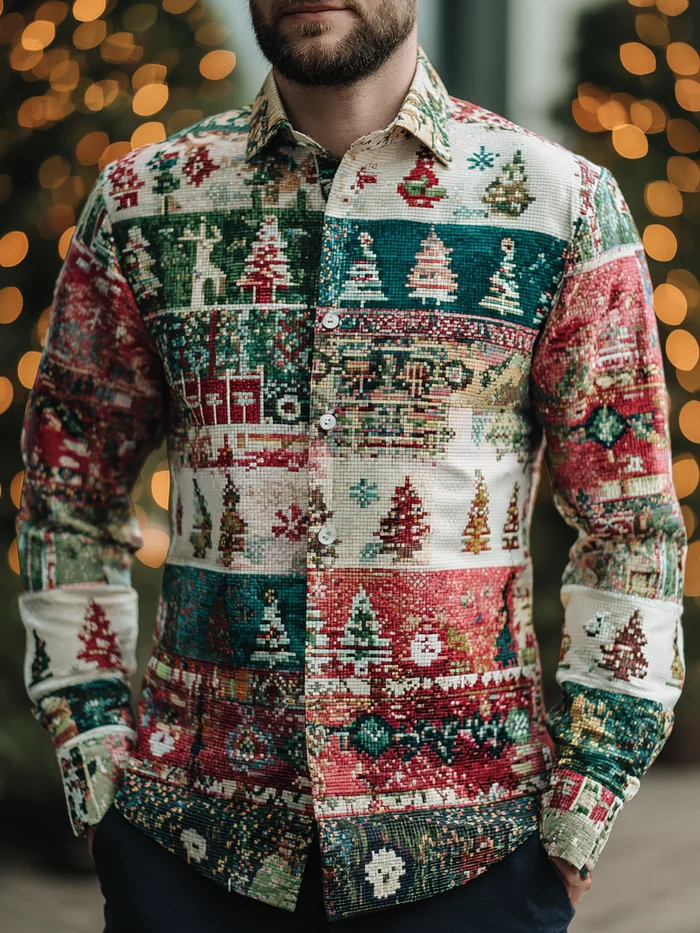 Men's Christmas Satin Luxe Long Sleeve Button Down Shirt