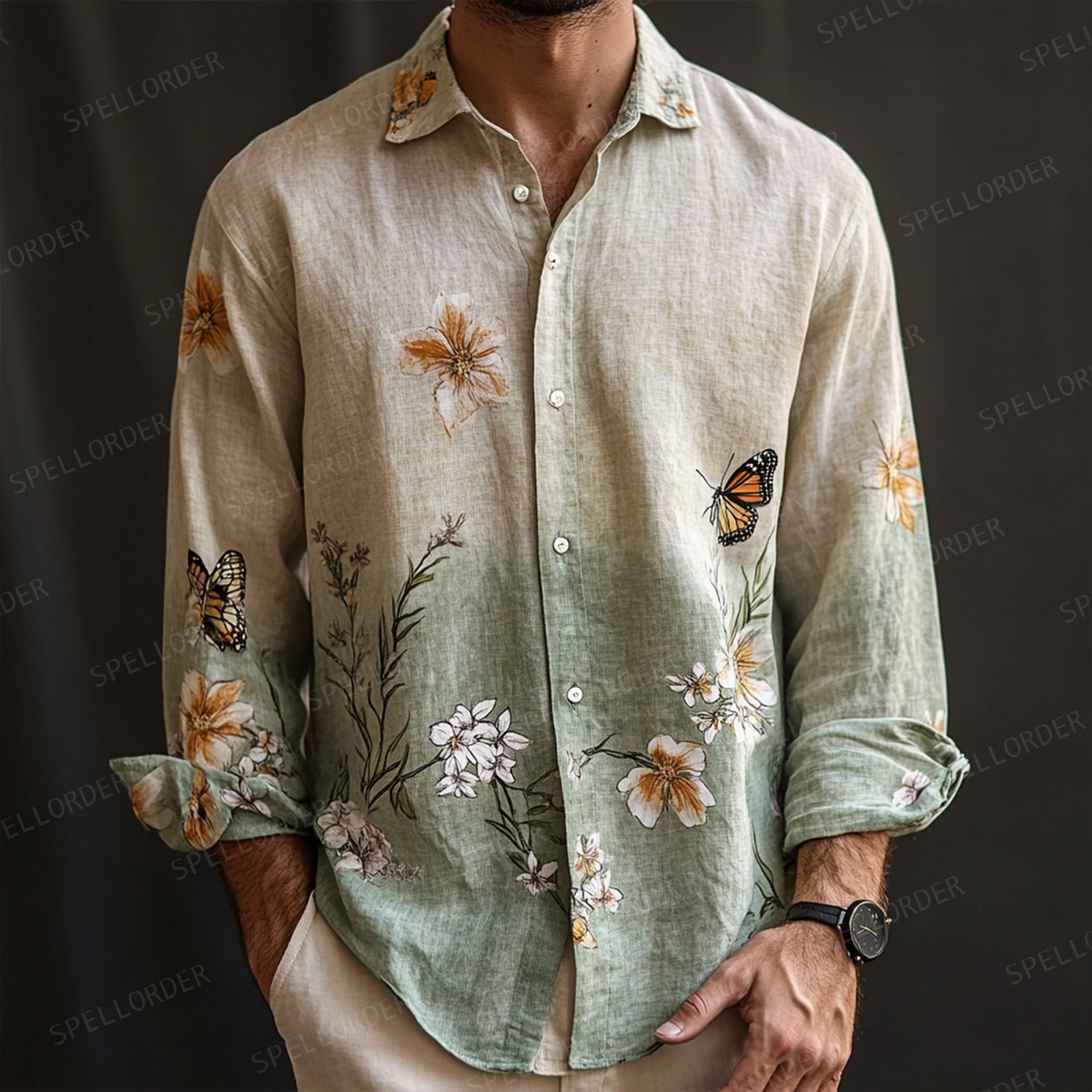Men's Summer Button Up Shirt Linen Cotton Long Sleeve Shirt