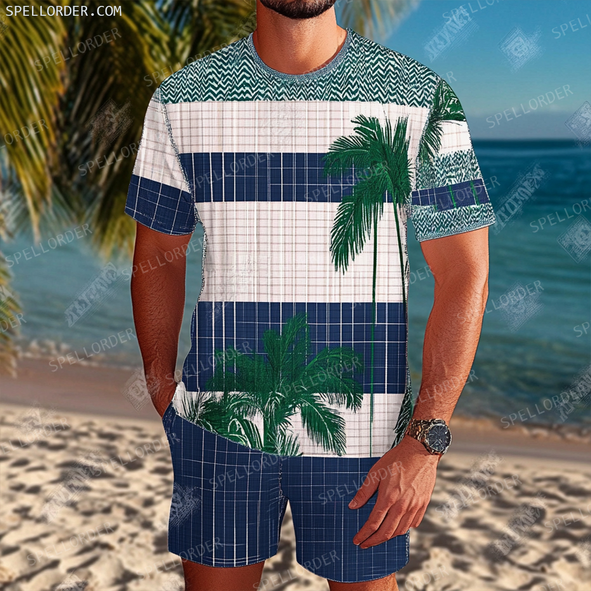 Men's Luxury Premium Round Neck Jacquard Texture Print Shorts Set 