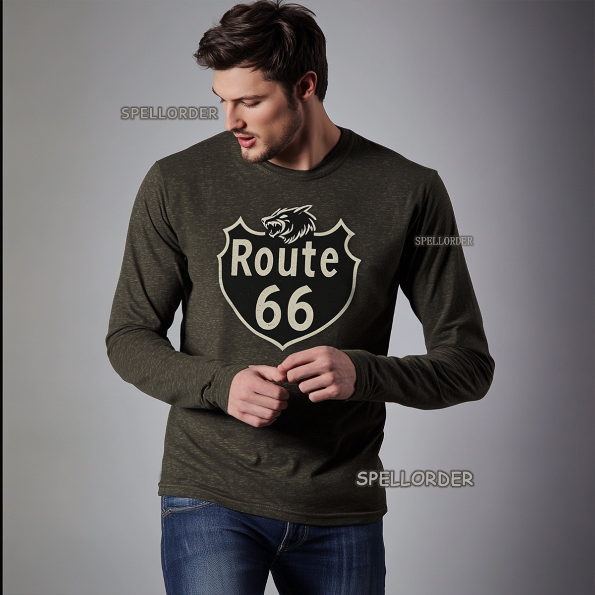 Men's Vintage “Route 66” Cotton Long T-Shirt