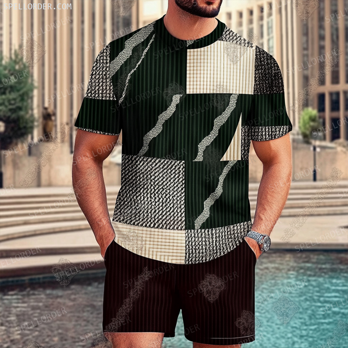 Men's Luxury Premium Round Neck Jacquard Texture Print Shorts Set 