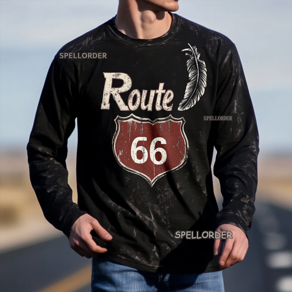 Men's Vintage “Route 66” Cotton Long T-Shirt