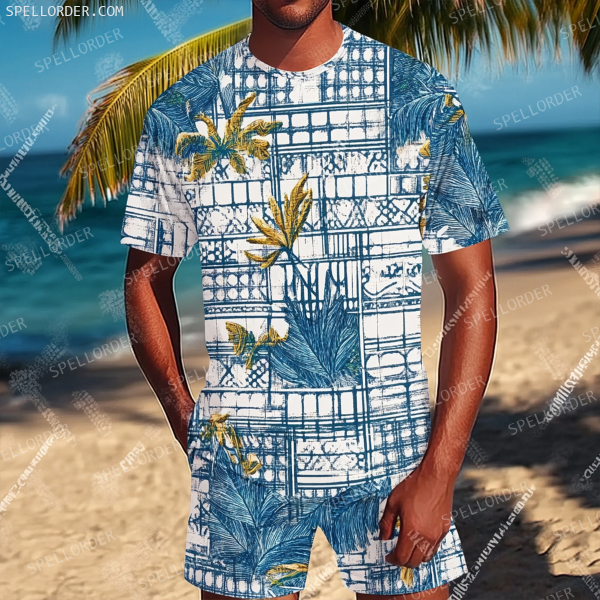 Men's Luxury Premium Round Neck Jacquard Texture Print Shorts Set 