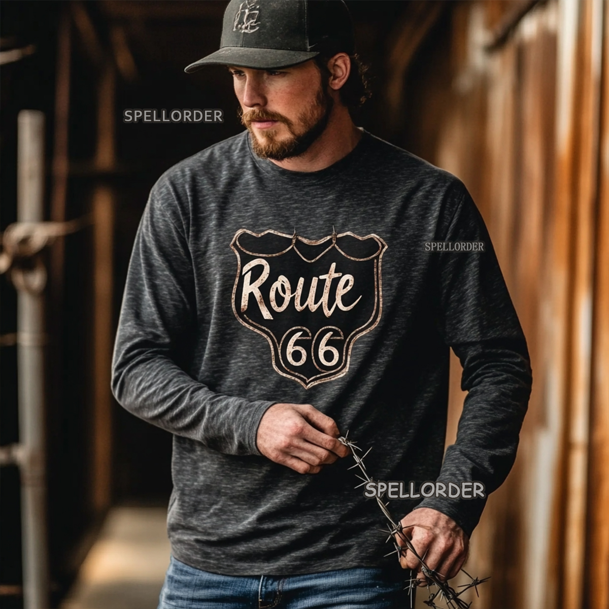 Men's Vintage “Route 66” Cotton Long T-Shirt