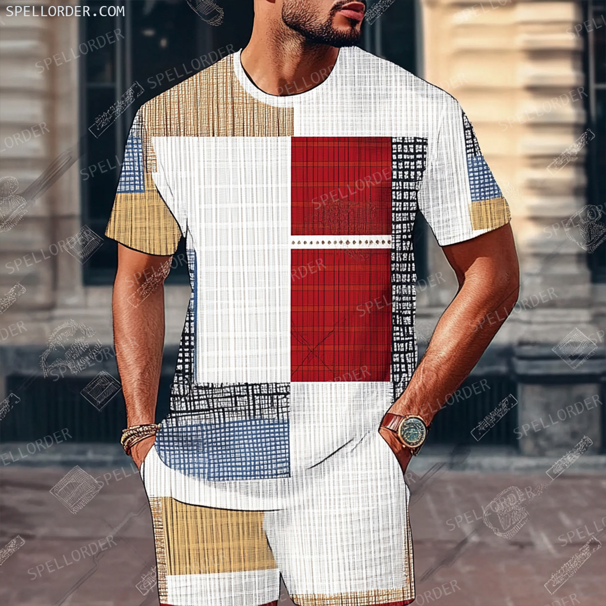 Men's Luxury Premium Round Neck Jacquard Texture Print Shorts Set 