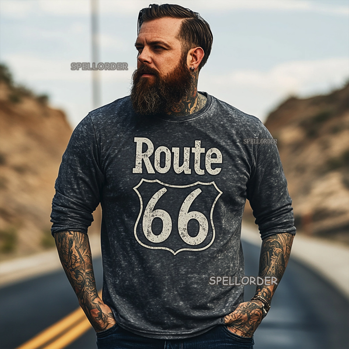 Men's Vintage “Route 66” Cotton Long T-Shirt