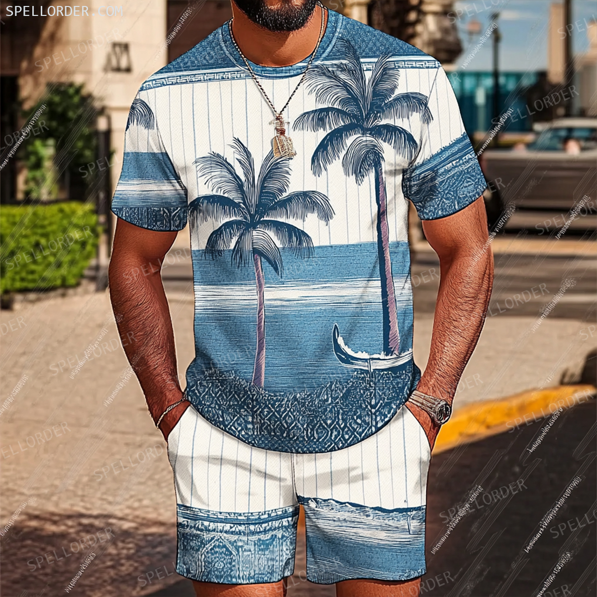 Men's Luxury Premium Round Neck Jacquard Texture Print Shorts Set 