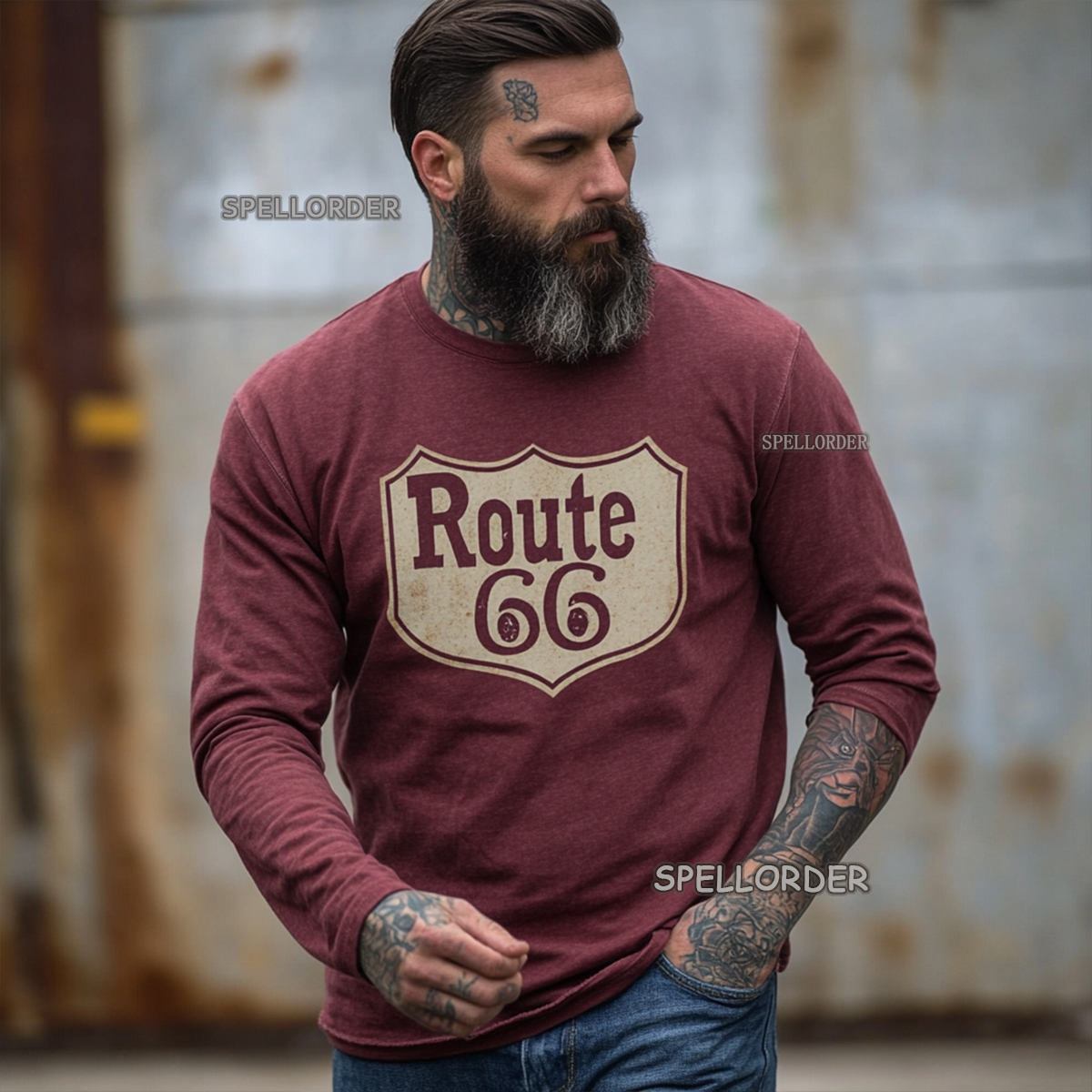 Men's Vintage “Route 66” Cotton Long T-Shirt